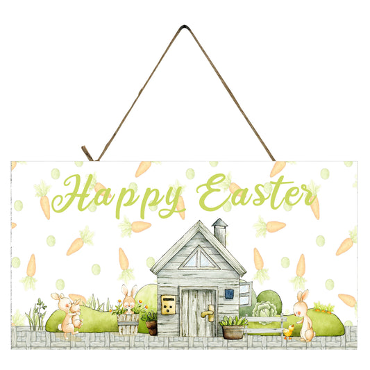 Happy Easter Bunny Scene 5x10 Printed Handmade Wood Sign