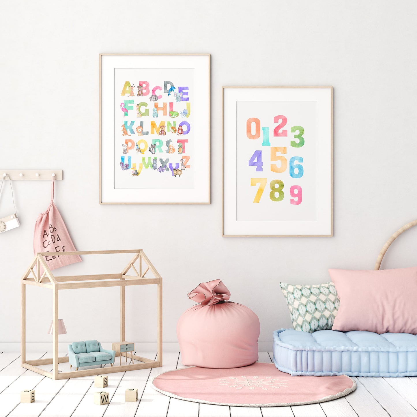 Set of 2 16x20 Alphabet and Numbers Watercolor Nursery Wall Art Canvas Prints