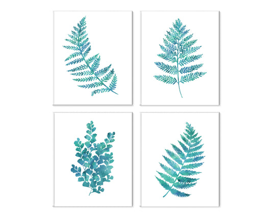 Set of 4  8x10 Blue Green Fern Botanical Canvas Prints
