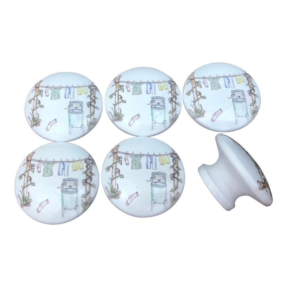 Set of 6 Watercolor Laundry Print Cabinet Knobs