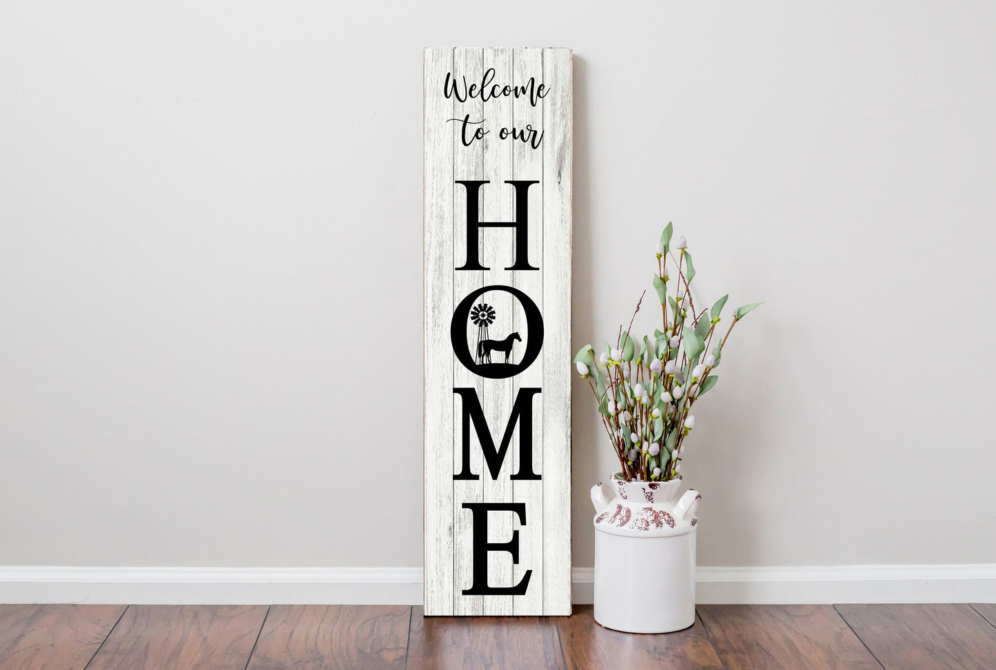 Welcome to Our Home with Horse 24 Inch Vertical Wood Print Sign
