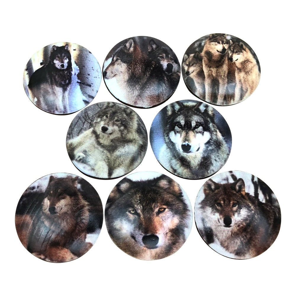 Set of 8 Wolf Printed Wood Cabinet Knobs