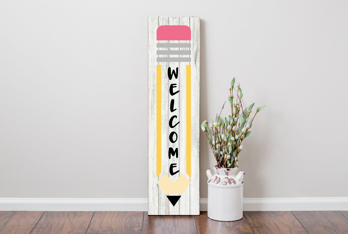 Welcome Pencil  24 Inch Vertical Wood Print Sign