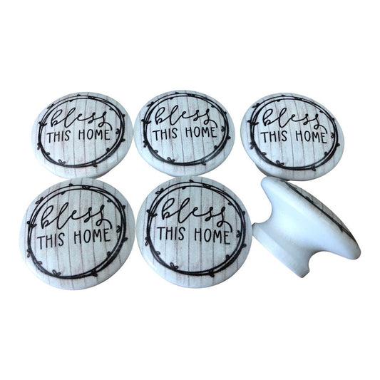 Set of 6 Bless This Home Print Wood Cabinet Knobs