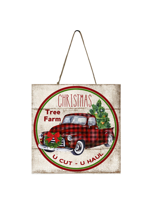 Red Plaid Truck Christmas Tree Farm Farmhouse Christmas  Printed Handmade Wood Christmas Ornament Small Sign