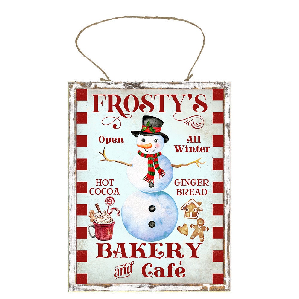 Frosty's Bakery and Cafe Letrero de madera hecho a mano impreso navideño