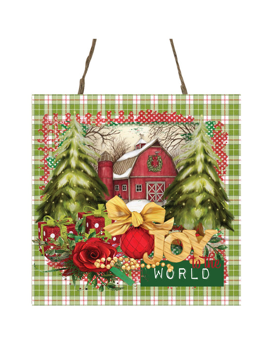 Joy to the World Barn - Adorno navideño de madera hecho a mano con estampado de granero