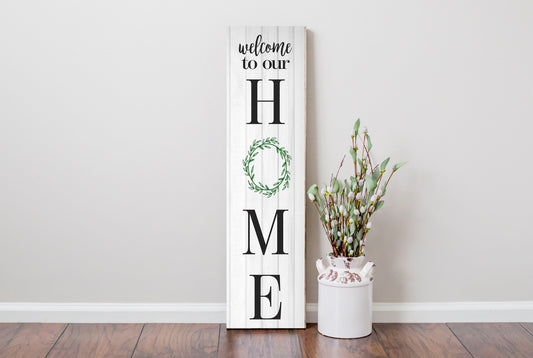 24 Inch Laurel Wreath Welcome Home Vertical Wood Print Sign