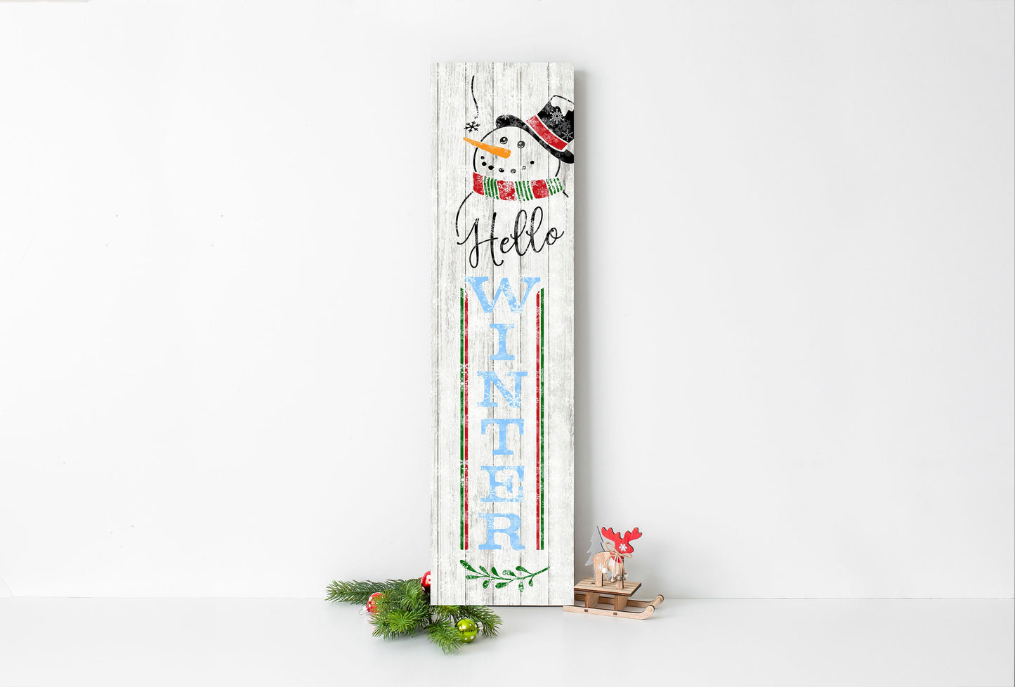 24 Inch Hello Winter Snowman Vertical Wood Print Sign