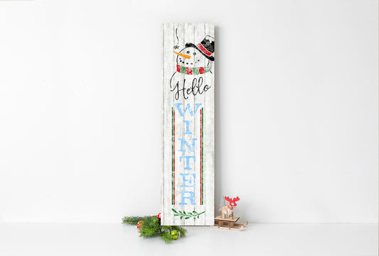 Letrero vertical de madera con estampado de muñeco de nieve Hello Winter de 24 pulgadas