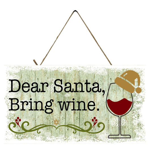 Dear Santa Bring Wine Farmhouse - Letrero de madera hecho a mano con estampado navideño (10.0 x 5.0 in)