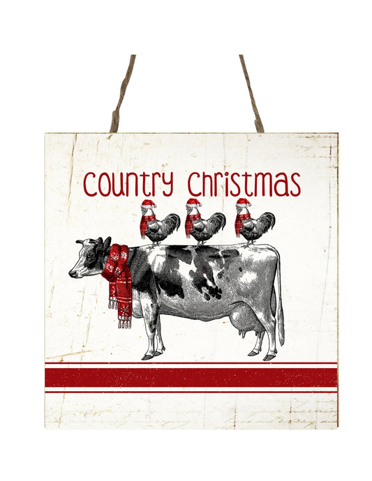 Country Christmas Vaca y pollos impreso hecho a mano adorno de Navidad de madera pequeño cartel