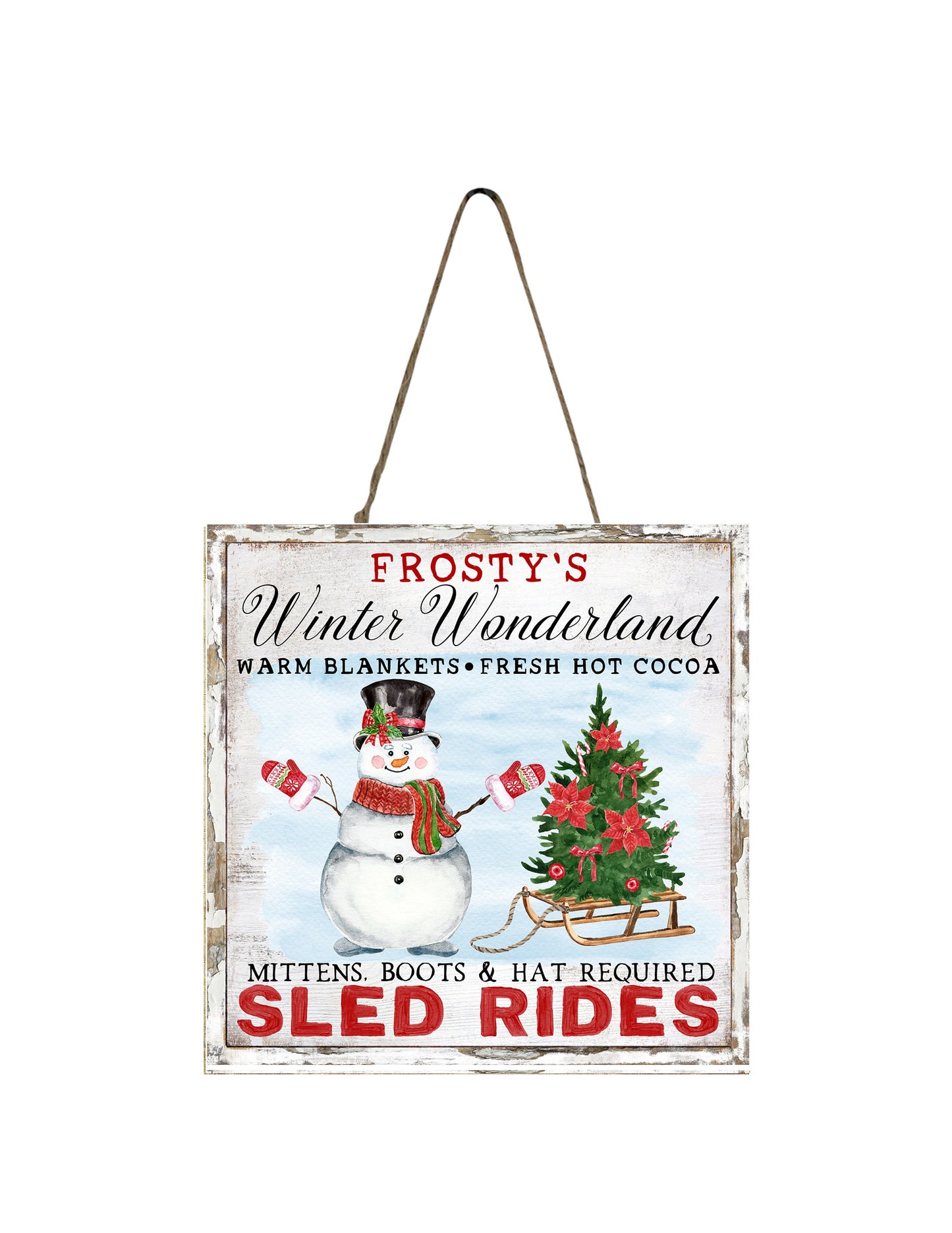 Frosty's Winter Wonderland - Adorno navideño de madera hecho a mano con estampado pequeño