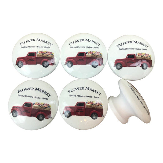 Set of 6 Flower Market Red Truck Farmhouse Print Cabinet Knobs