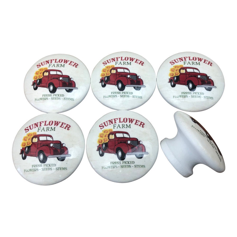 Set of 6 Sunflower Farms Red Truck Farmhouse Print Cabinet Knobs