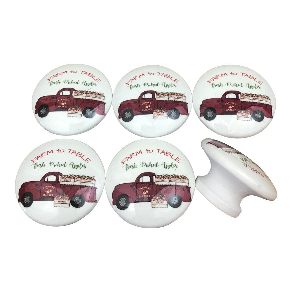 Set of 6 Farm to Table Apple Red Truck Farmhouse Print Cabinet Knobs
