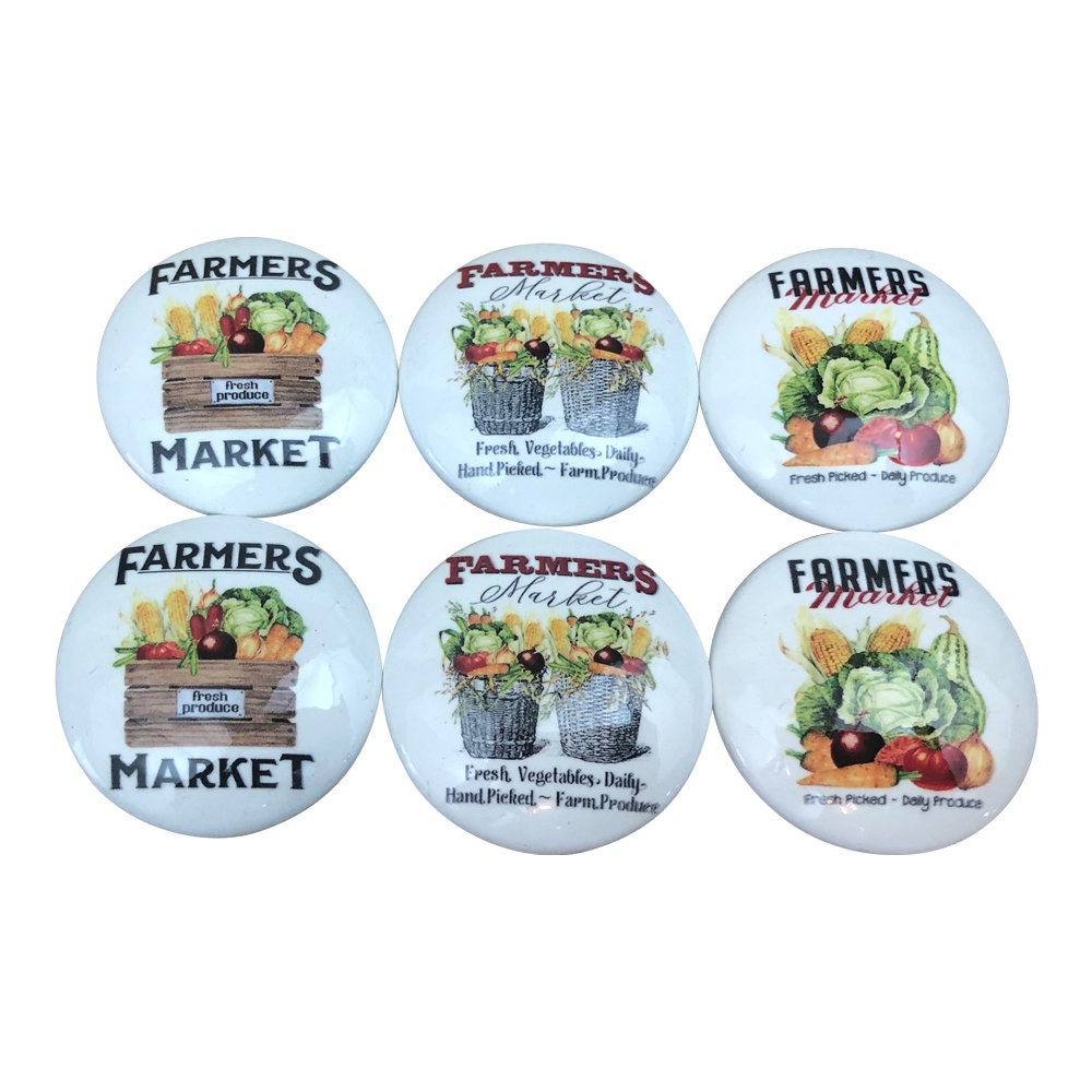 Set of 6 Farmers Market Vegetables Farmhouse Print Cabinet Knobs