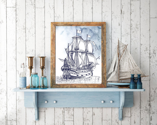 11x14 Navy Blue Ship Nautical Canvas Print