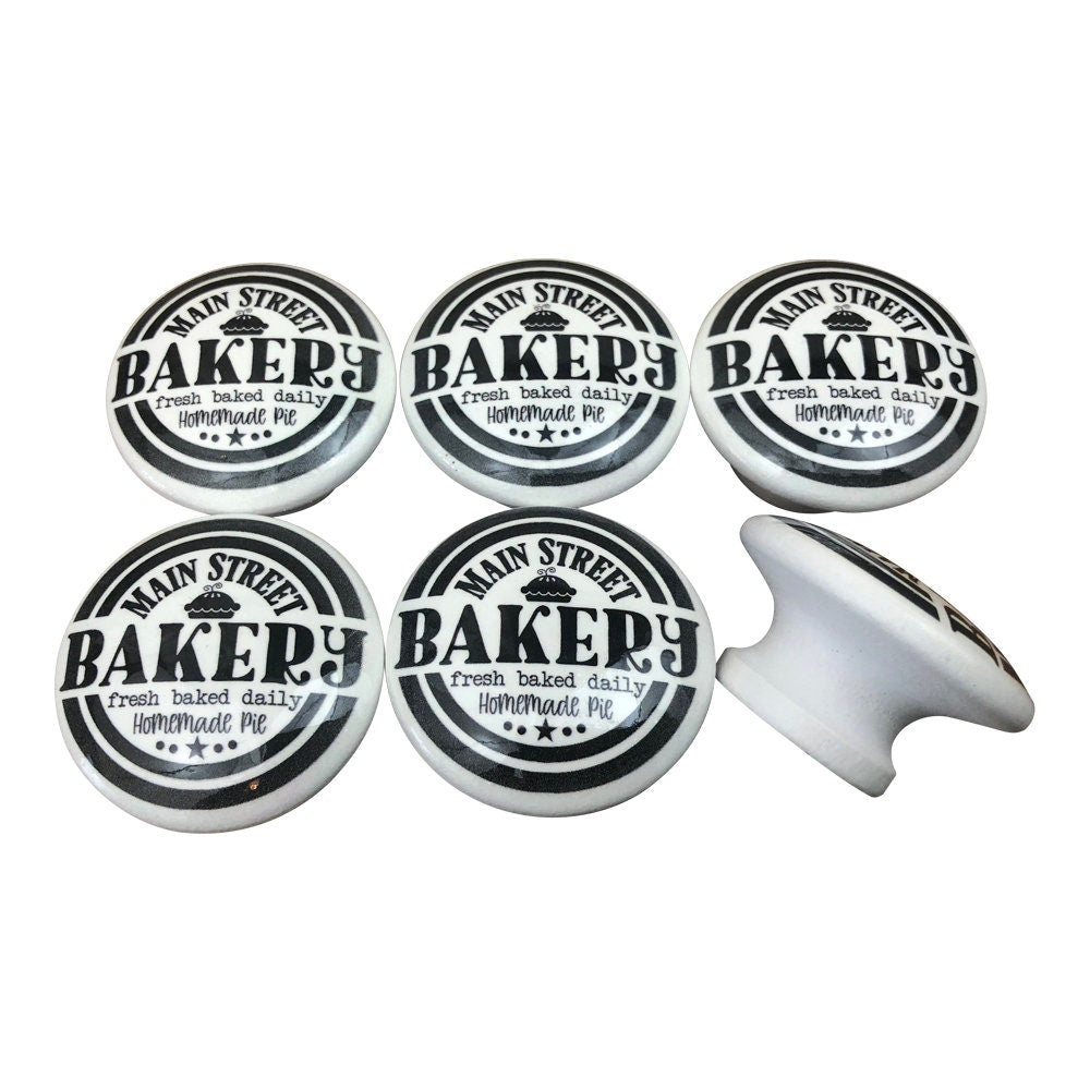 Set of 6 Black and White Bakery Farmhouse Print Cabinet Knobs