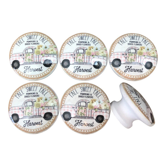 Set of 6 Fall Harvest Truck Farmhouse Print Cabinet Knobs