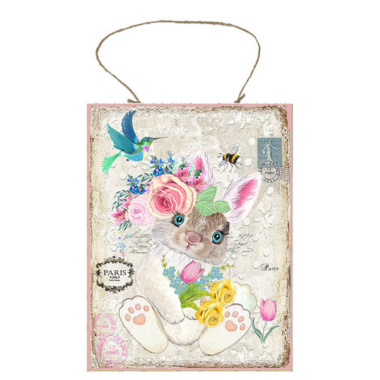 Easter Bunny with Flowers Printed Handmade Wood Sign
