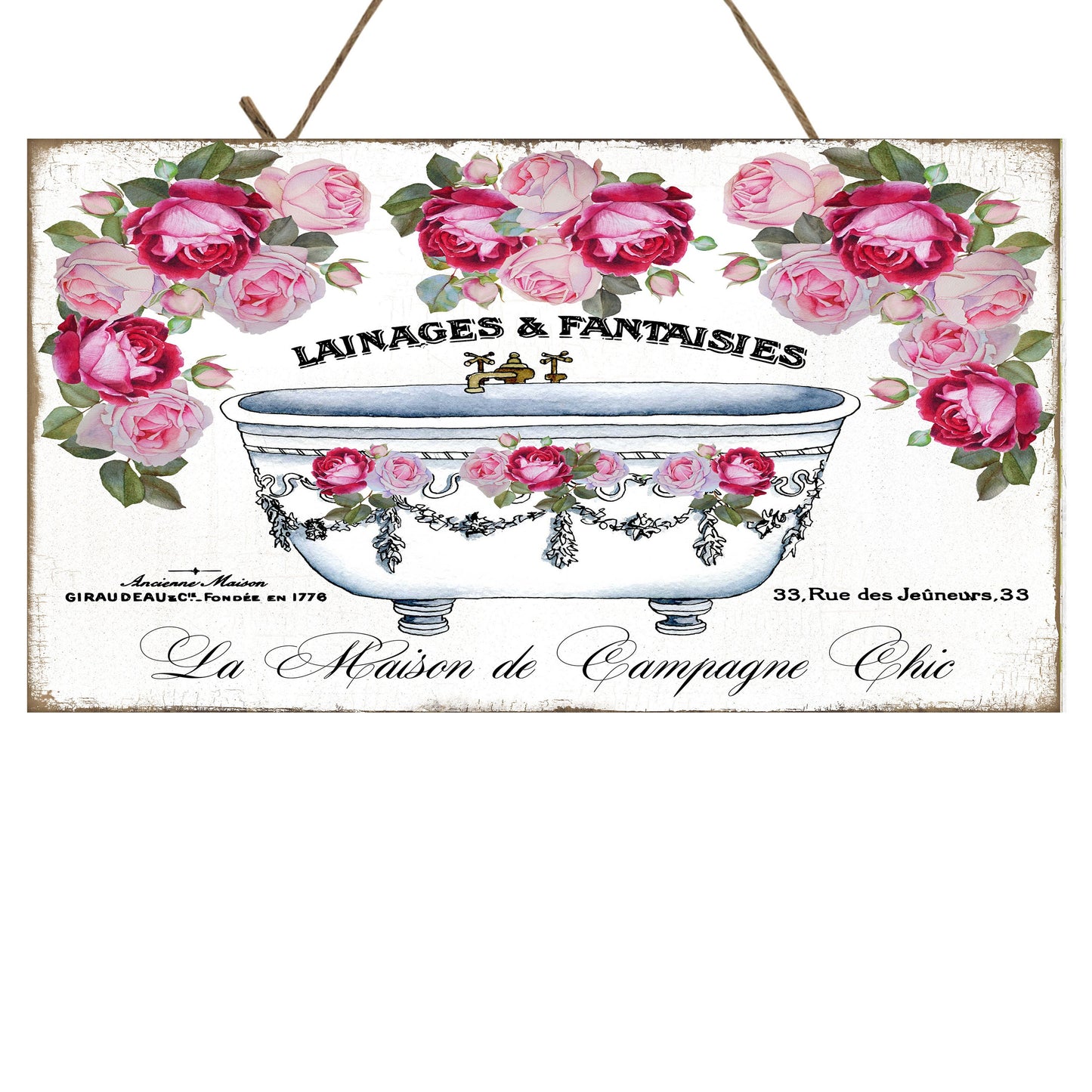 Pink Rose Bathtub Bathroom Printed Handmade Wood Sign