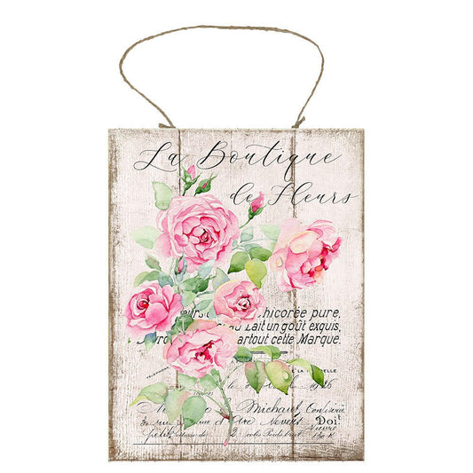 Farmhouse Floral La Boutique Pink Roses impreso hecho a mano letrero de madera