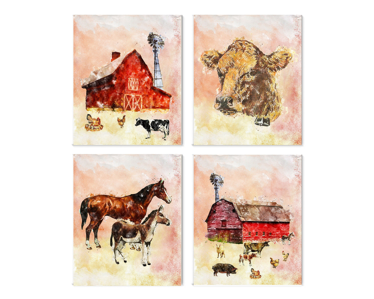 Set of 4  8x10 Farmhouse Abstract Farm Wall Art Canvas Prints