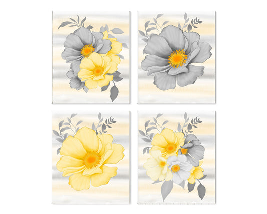 Set of 4  8x10 Gray and Yellow Floral Canvas Prints