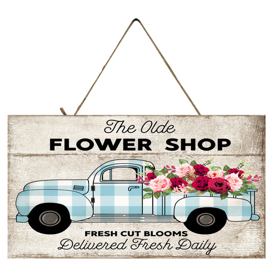 Farmhouse Blue Plaid Flower Shop Truck Printed Handmade Wood Sign