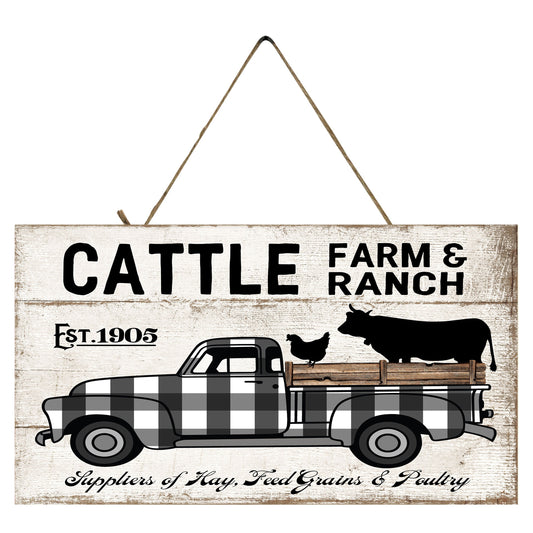 Farmhouse Black Plaid Cattle Ranch Farm Truck Printed Handmade Wood Sign