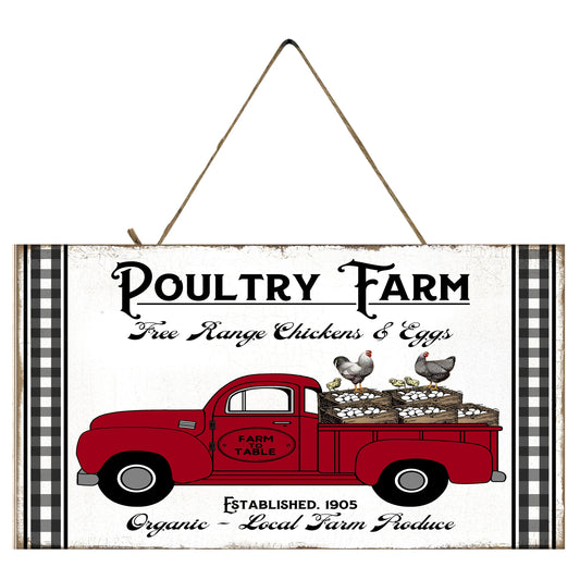 Poultry Farm Chicken Red Truck Farmhouse Printed Handmade Wood Sign