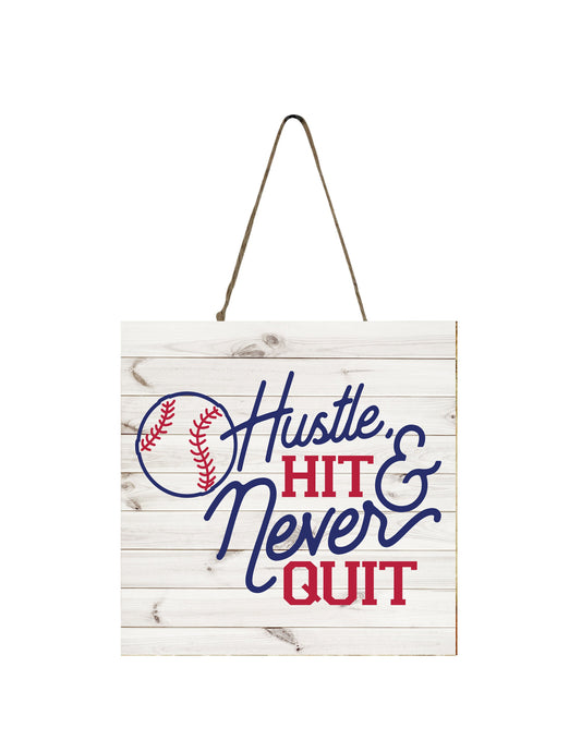 Mini signo de madera de béisbol Hustle Hit y Never Quit