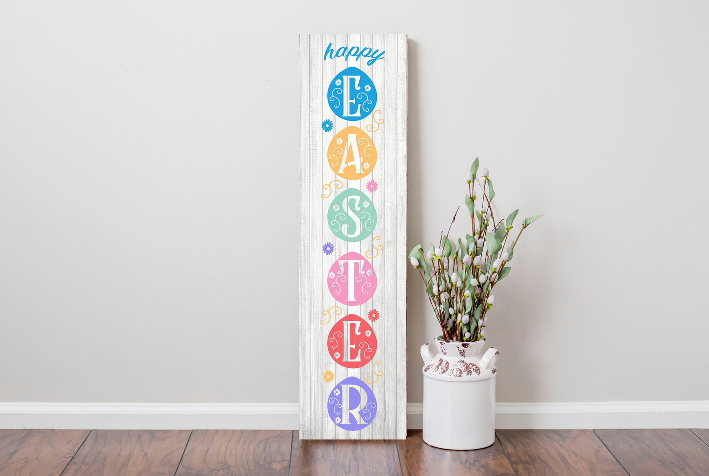 24 Inch (2 Foot Tall) Happy Easter Eggs Vertical Wood Print Sign