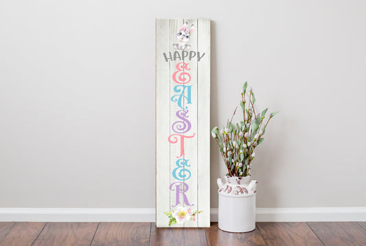 24 Inch (2 Foot Tall) Happy Easter Rabbit Vertical Wood Print Sign