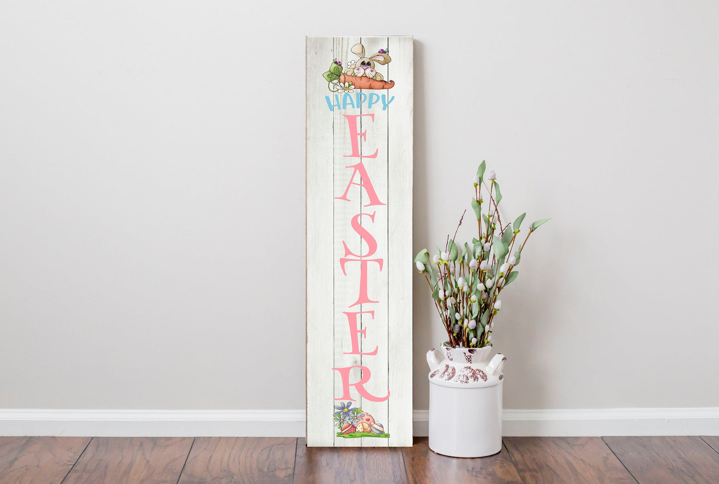 24 Inch (2 Foot Tall) Happy Easter Rabbit with Carrot Vertical Wood Print Sign