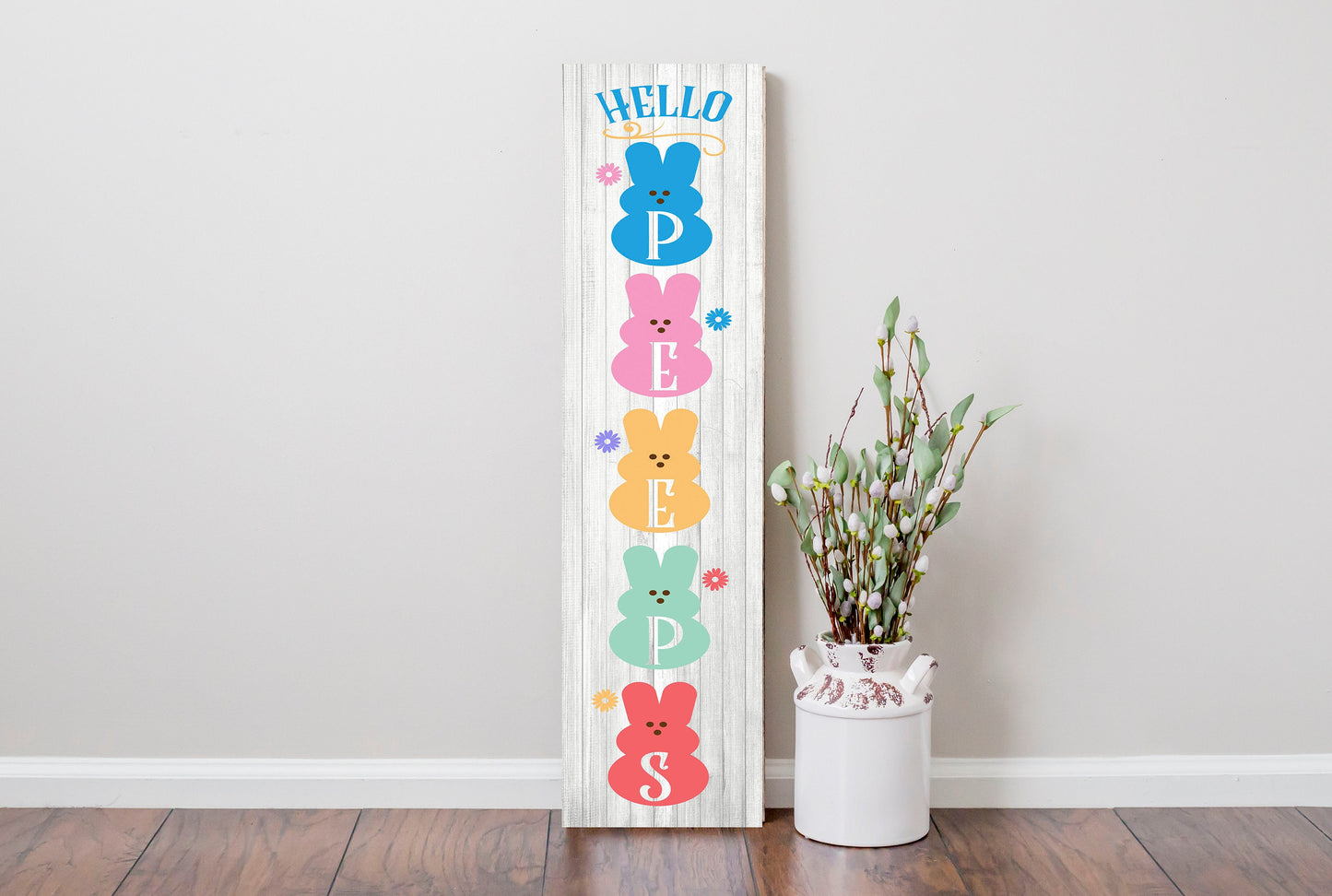 24 Inch (2 Foot Tall) Hello Easter Peeps Vertical Wood Print Sign