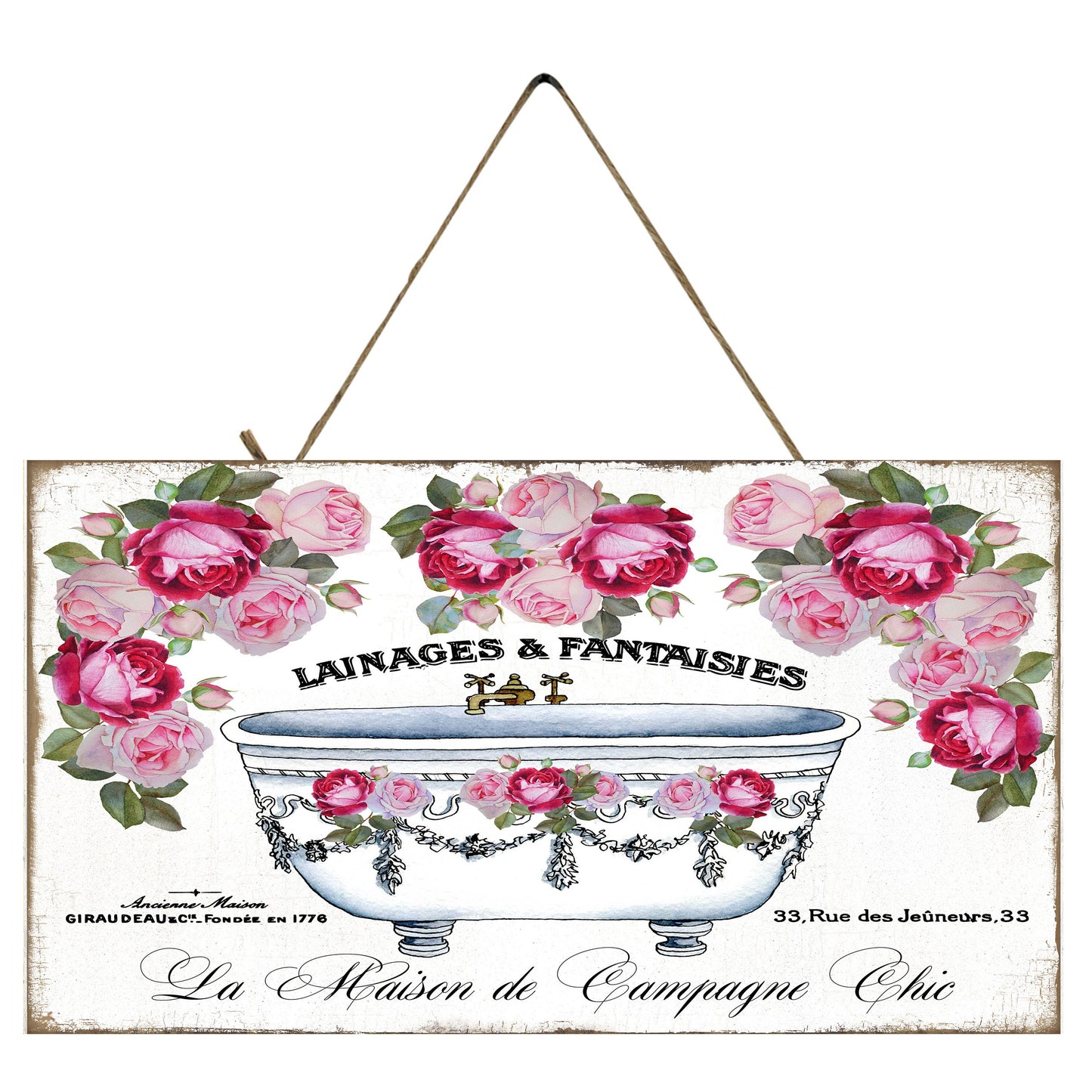 Pink Rose Bathtub Bathroom Printed Handmade Wood Sign