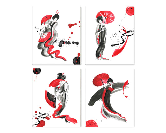 Juego de 4 impresiones en lienzo abstracto rojo Akako de 8x10