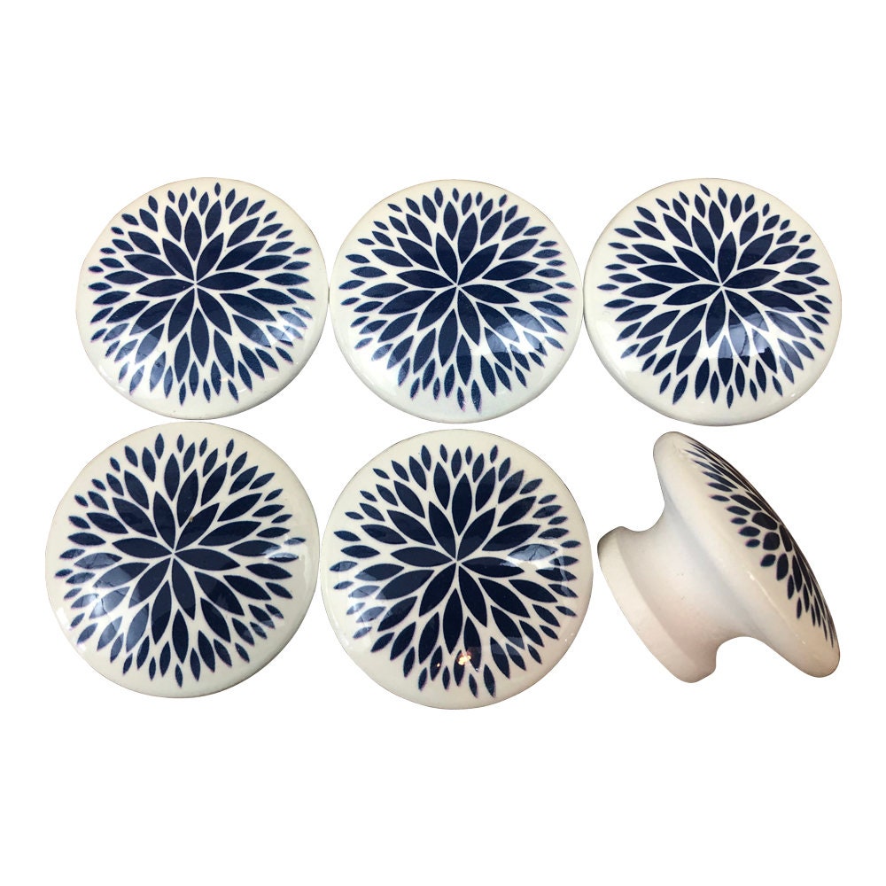 Set of 6 Andy Navy Blue Dahlia Floral Print Cabinet Knobs
