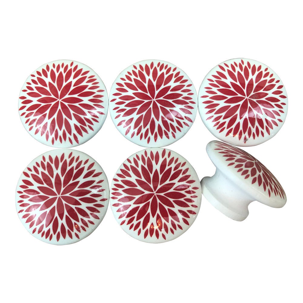 Set of 6 Andy Red Dahlia Floral Print Cabinet Knobs