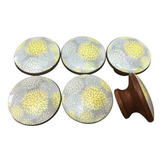 Set of 6 Yellow and Gray Dahlia Floral Print Cabinet Knobs