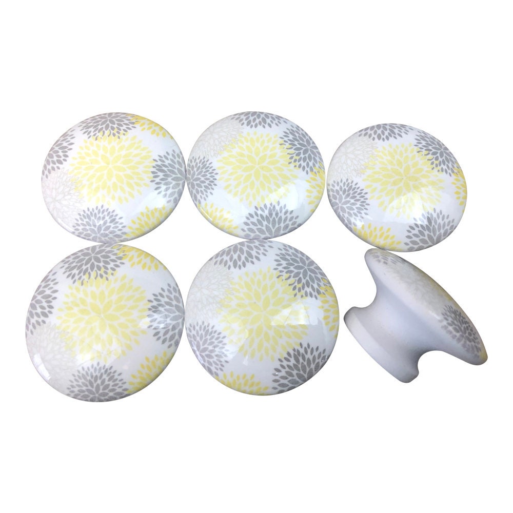 Set of 6 Yellow and Gray on White Dahlia Floral Print Cabinet Knobs
