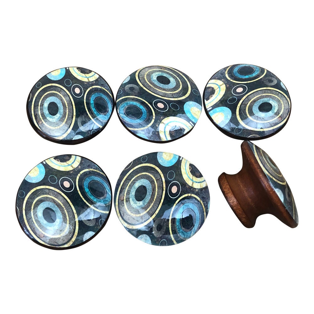 Set of 6 Cara Geometric Abstract Print Wood Cabinet Knobs