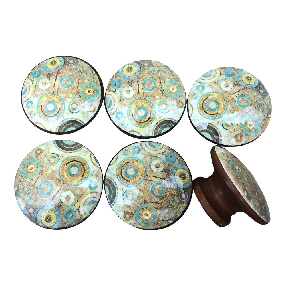 Set of 6 Alex Geometric Abstract Print Wood Cabinet Knobs