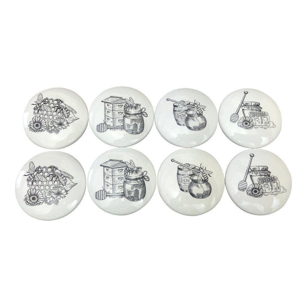 Set of 8 Farmhouse Black and White Honey Bees Cabinet Knobs