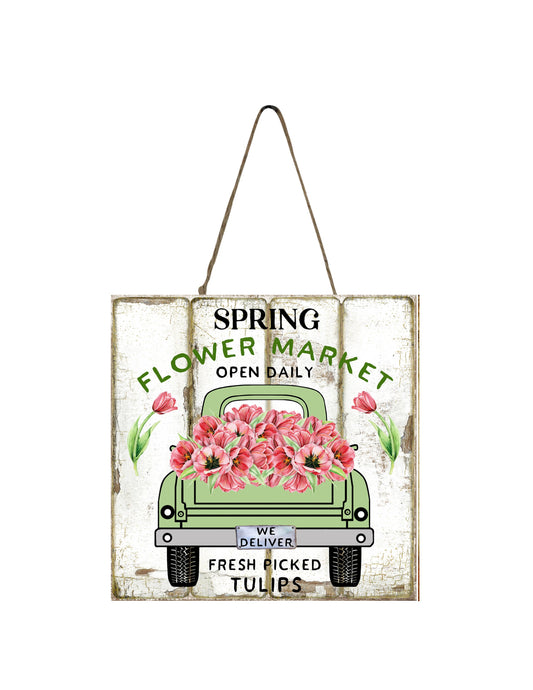 Spring Flower Market Green Truck Tulips  Wood  Mini Sign