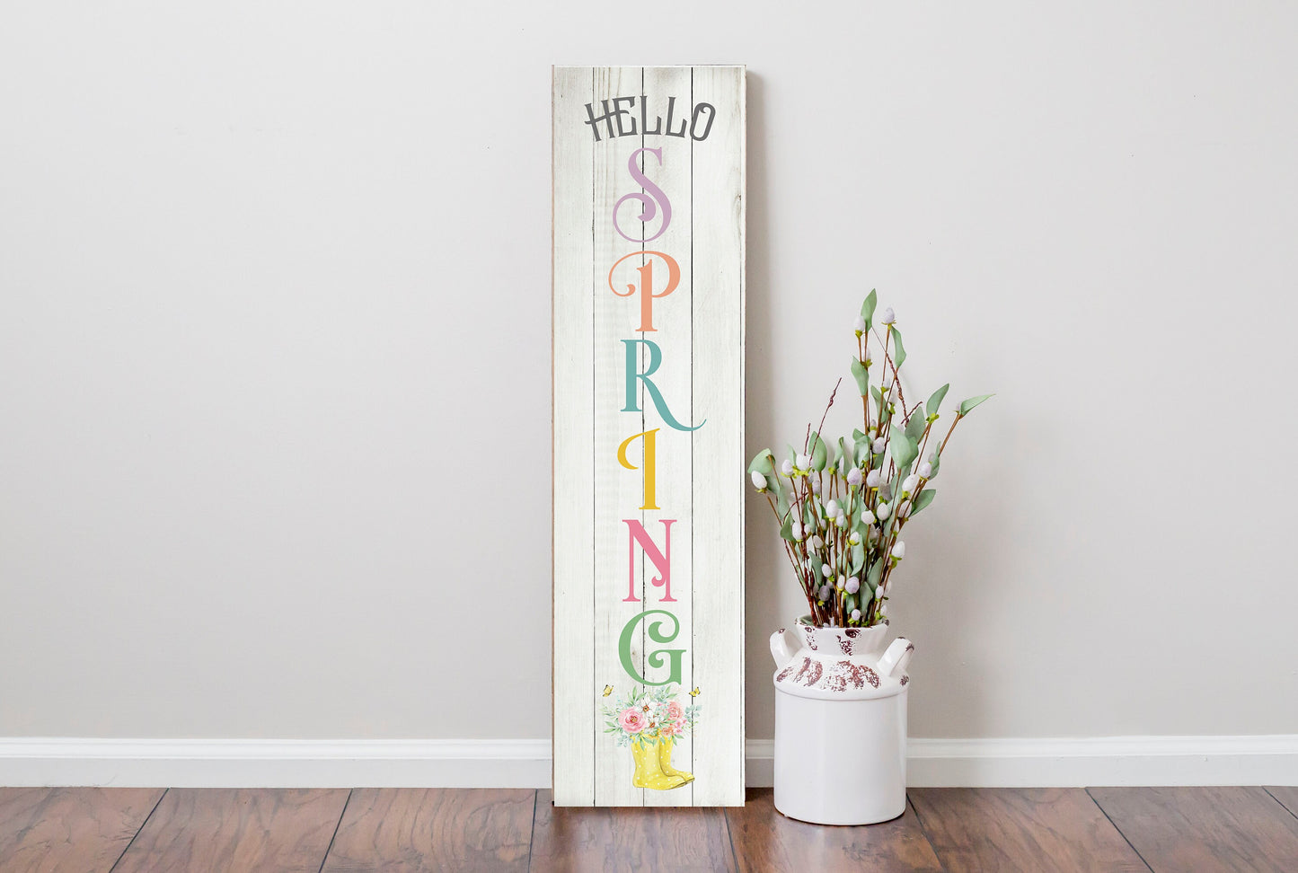 24 Inch (2 Foot Tall) Hello Spring Rubber Boots Vertical Wood Print Sign