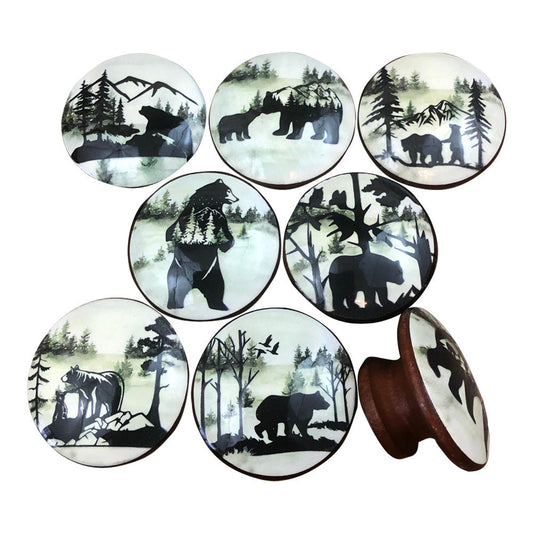 Set of 8 Woodland Animals Bears Wood Cabinet Knobs