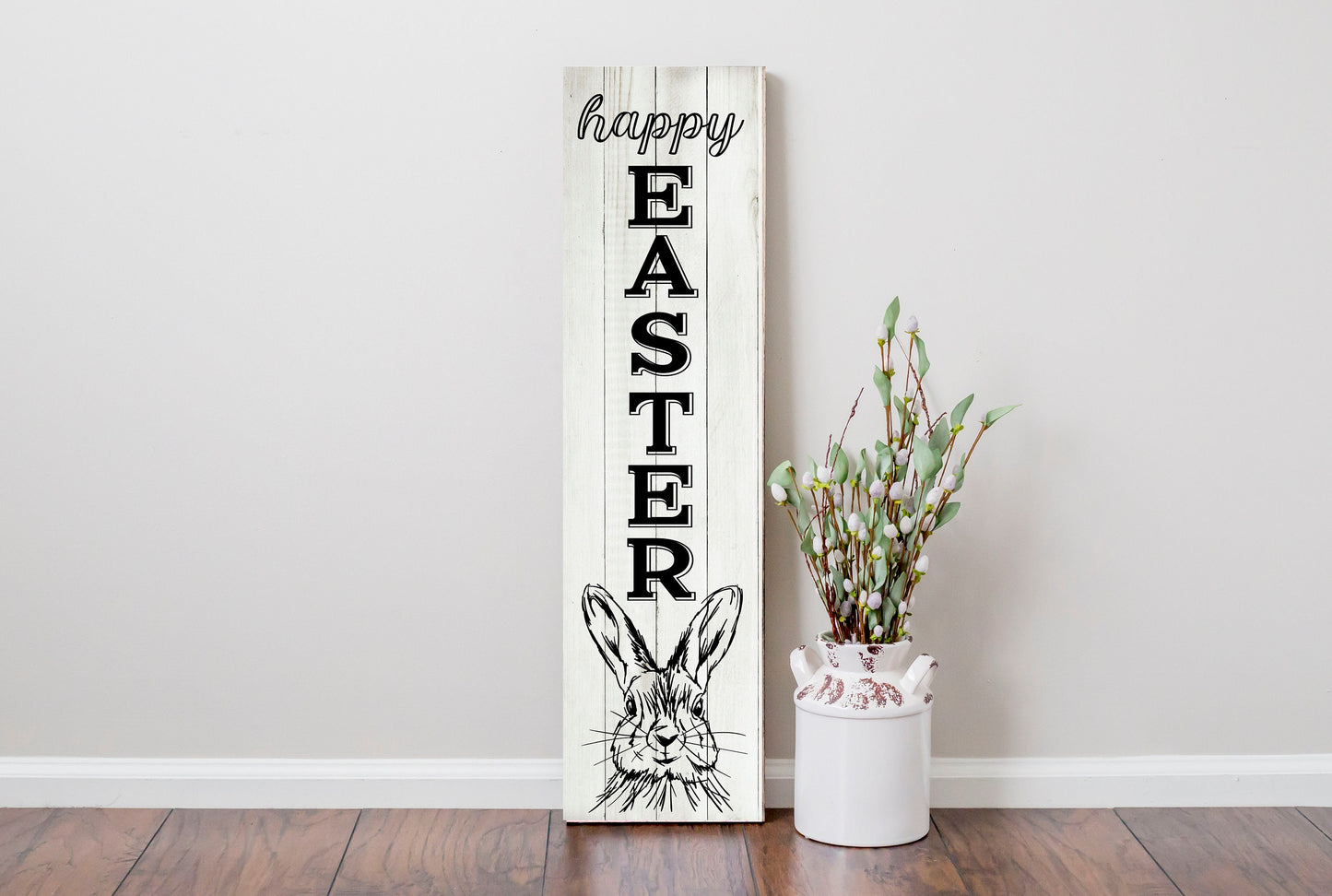 24 Inch (2 Foot Tall) Black and White Happy Easter Vertical Wood Print Sign